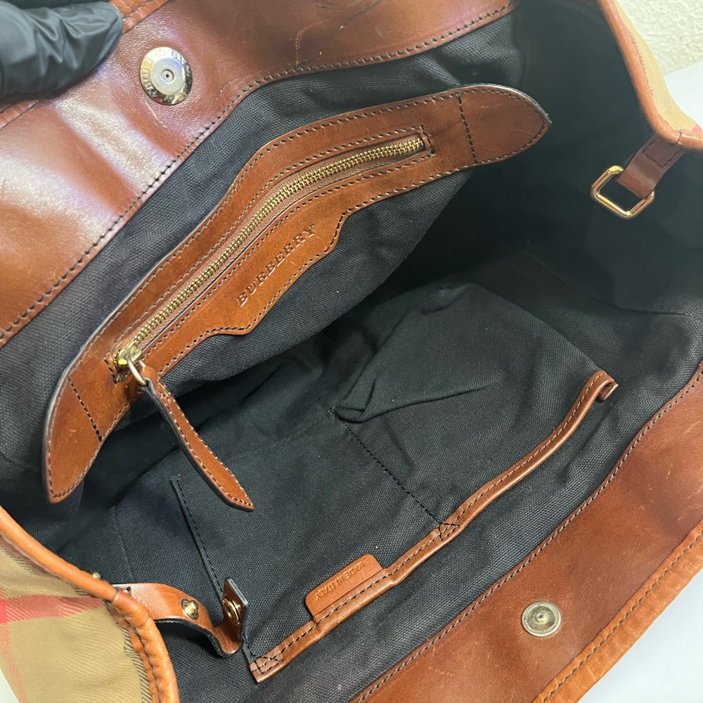 Burberry Tan Check Canvas Tote with Brown Leather Trim - Picture 6 of 16
